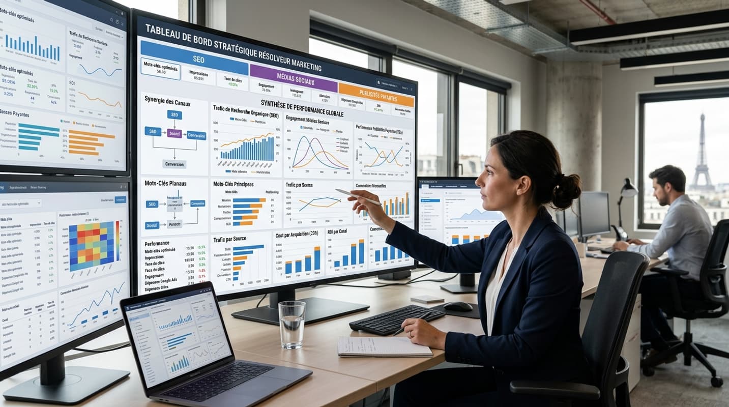 Un responsable marketing numérique examine un tableau de bord complexe affichant des données SEO, réseaux sociaux et publicités payantes, avec du texte en français.