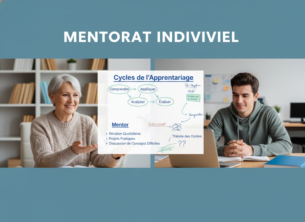 Une composition en écran partagé montrant un appel vidéo entre un mentor et un étudiant, avec un tableau blanc numérique partagé où le mentor explique des concepts, le tout surmonté du texte 'MENTORAT INDIVIDUEL'.