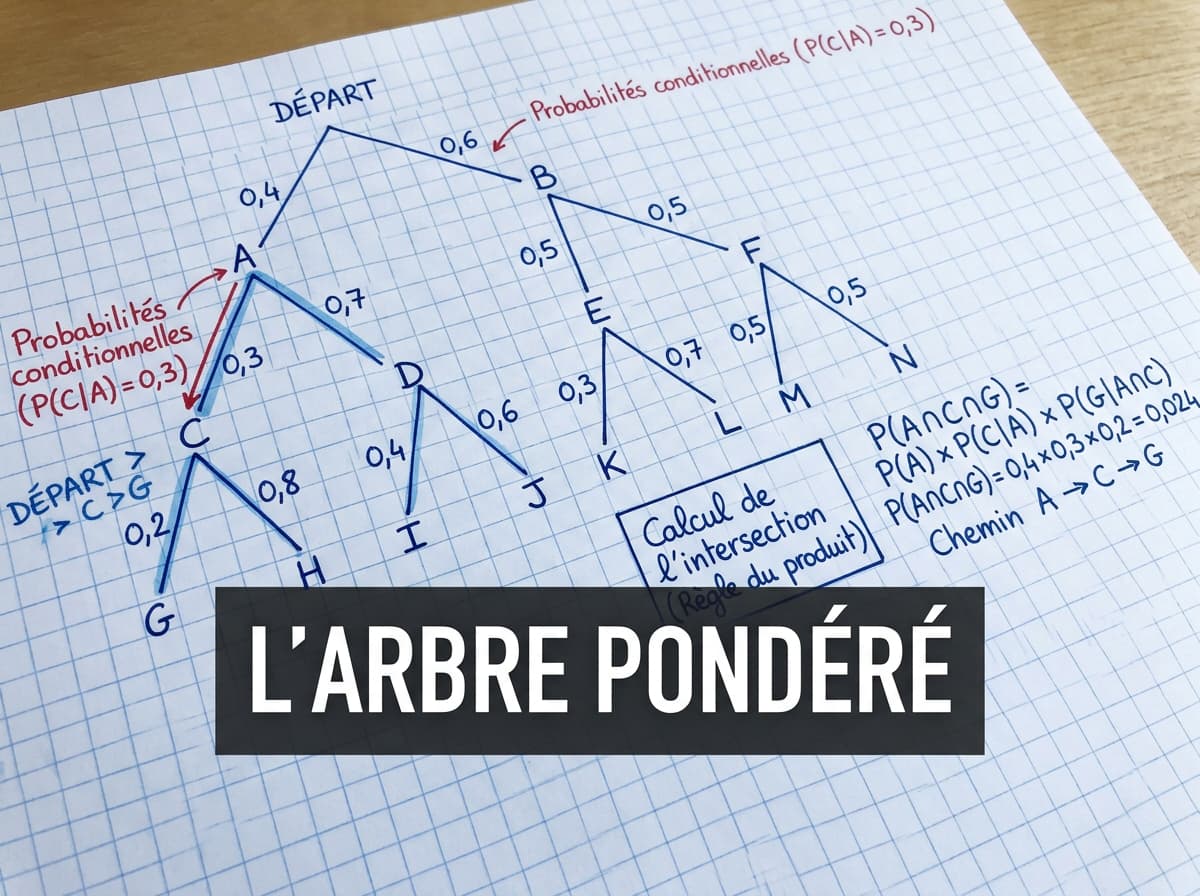 Gros plan d'un arbre de probabilité à trois niveaux dessiné sur du papier quadrillé blanc, avec des branches étiquetées de probabilités numériques, des annotations manuscrites en français expliquant la règle du produit avec 'Calcul de l'intersection', et un texte superposé 'L'ARBRE PONDÉRÉ' sur un fond semi-transparent foncé.