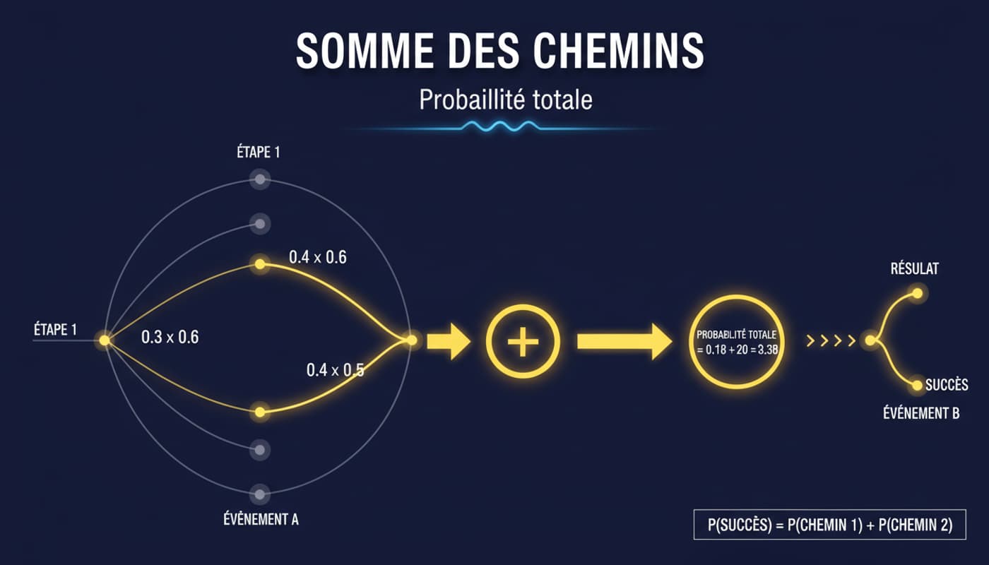 Arbre de probabilité mathématique sur fond bleu nuit avec deux branches lumineuses jaunes reliées par des flèches vers le texte Somme des chemins.