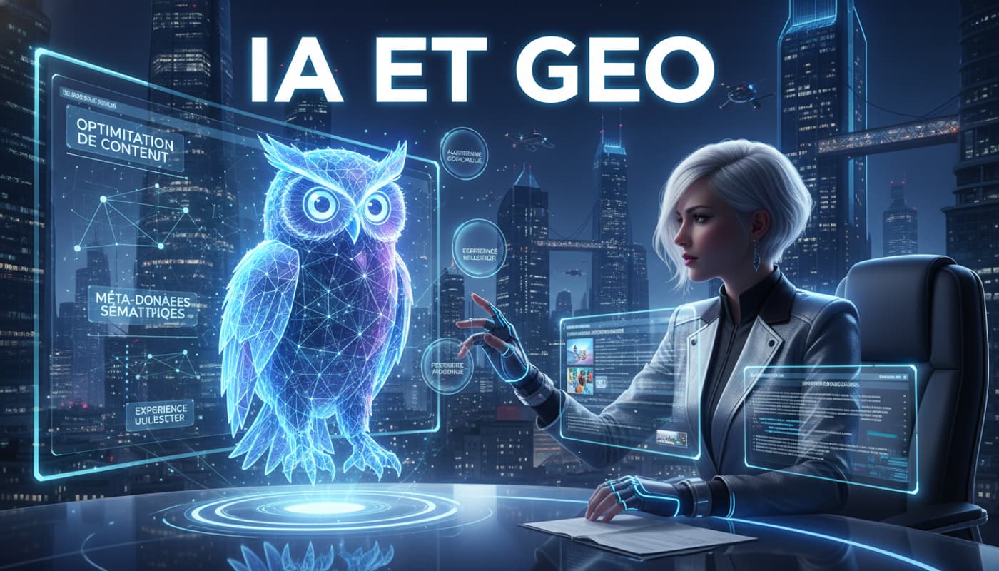 Un professionnel créatif interagit avec un assistant IA holographique, des données flottent en français, et le texte 'IA ET GEO' est superposé.