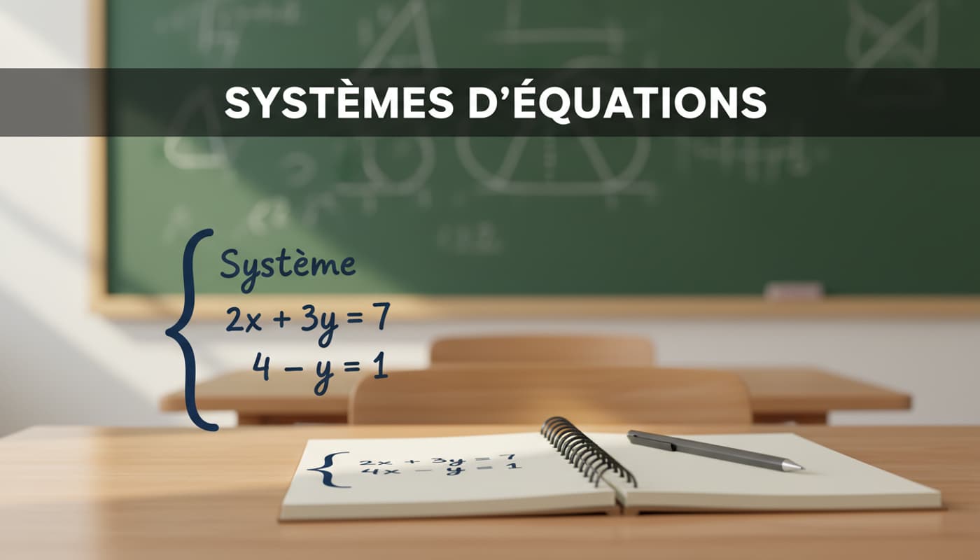 Un cahier ouvert sur un bureau d'écolier présente un système d'équations manuscrit devant un tableau de classe flou avec l'inscription Systèmes d'équations.