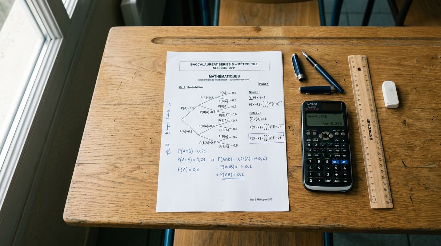 Vue de dessus d'un bureau en bois avec une copie d'examen de mathématiques intitulée Bac S Métropole 2011, une calculatrice scientifique, un stylo plume et une règle, éclairés par une lumière naturelle douce.