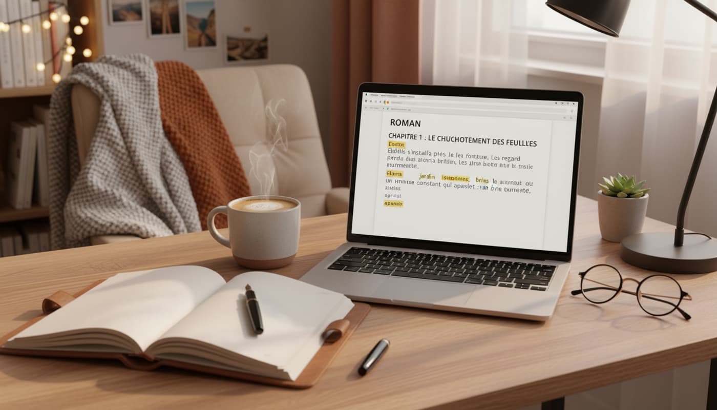 Un bureau chaleureux avec un cahier ouvert, une tasse de café, et un écran d'ordinateur affichant un éditeur de texte avec des mots-clés surlignés, le tout éclairé par une lumière tamisée.