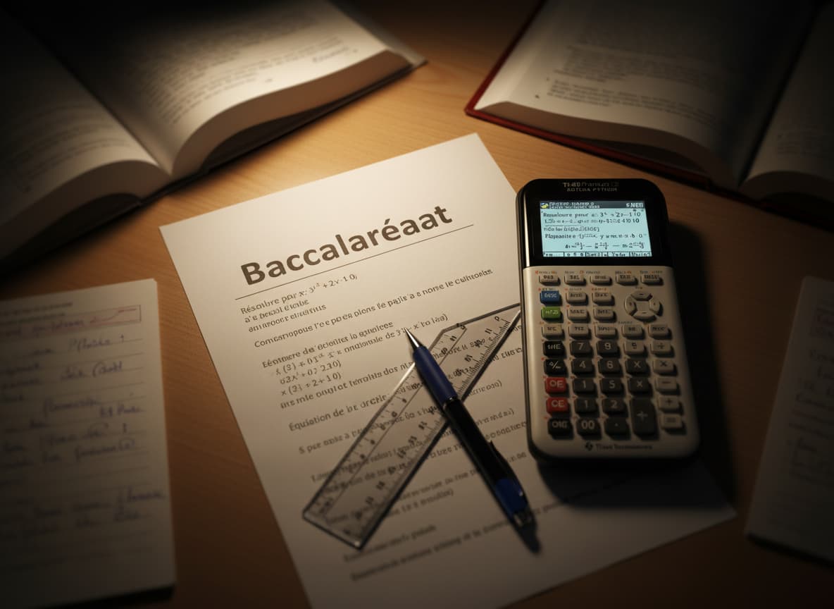 Calculatrice graphique avec équations et sujet de baccalauréat posés sur un bureau d'étudiant avec une règle et un stylo bleu sous une lumière chaude.