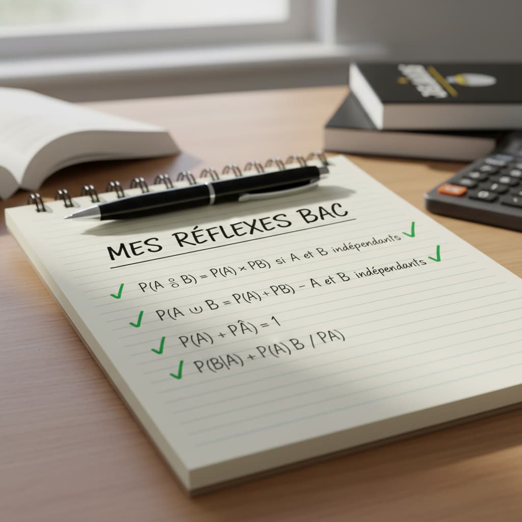 Cahier à spirales ouvert sur une page manuscrite intitulée MES RÉFLEXES BAC montrant une liste d'auto-correction des probabilités cochée en vert avec un stylo.
