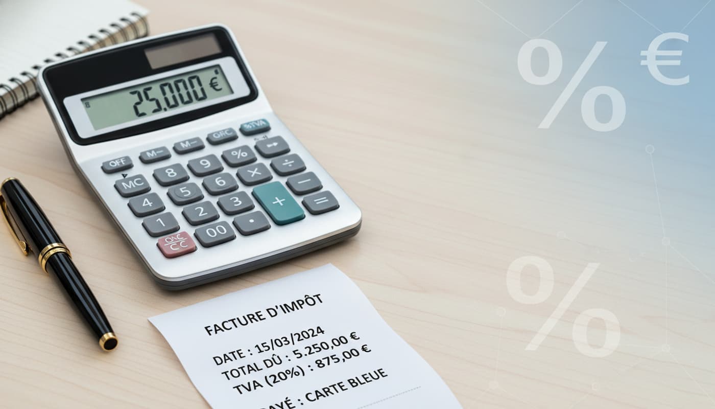 Une calculatrice moderne, un stylo plume et un reçu fiscal sur un bureau en bois clair, avec un symbole pourcentage subtil en arrière-plan.