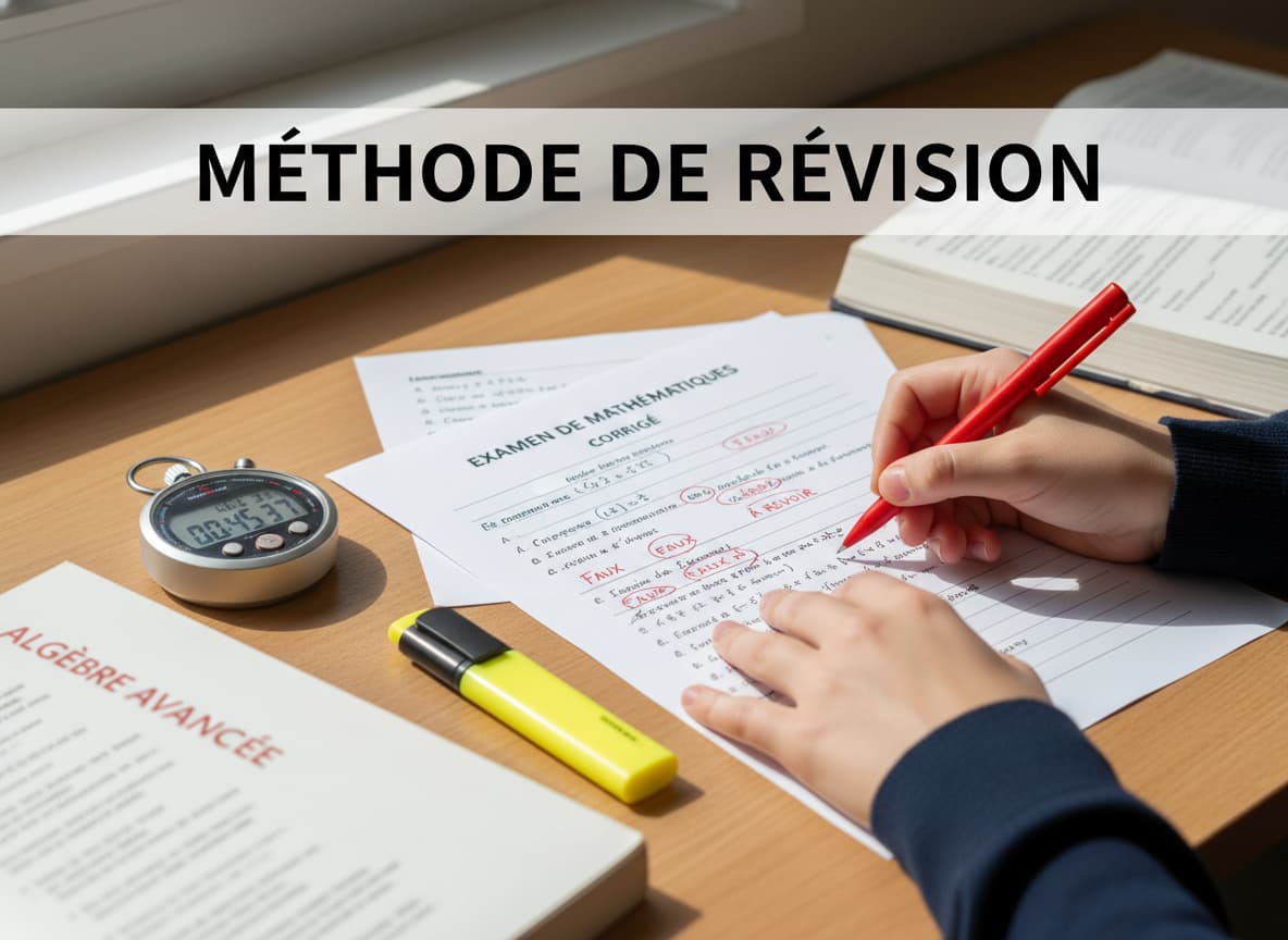 Mains d'un étudiant corrigeant une copie d'examen avec un stylo rouge, un chronomètre digital et un surligneur sur la table, avec l'overlay 'MÉTHODE DE RÉVISION'.