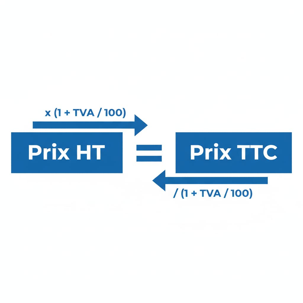 Un diagramme moderne au style flat design bleu et blanc illustrant le flux de calcul entre le Prix HT et le Prix TTC à l'aide de flèches directionnelles.