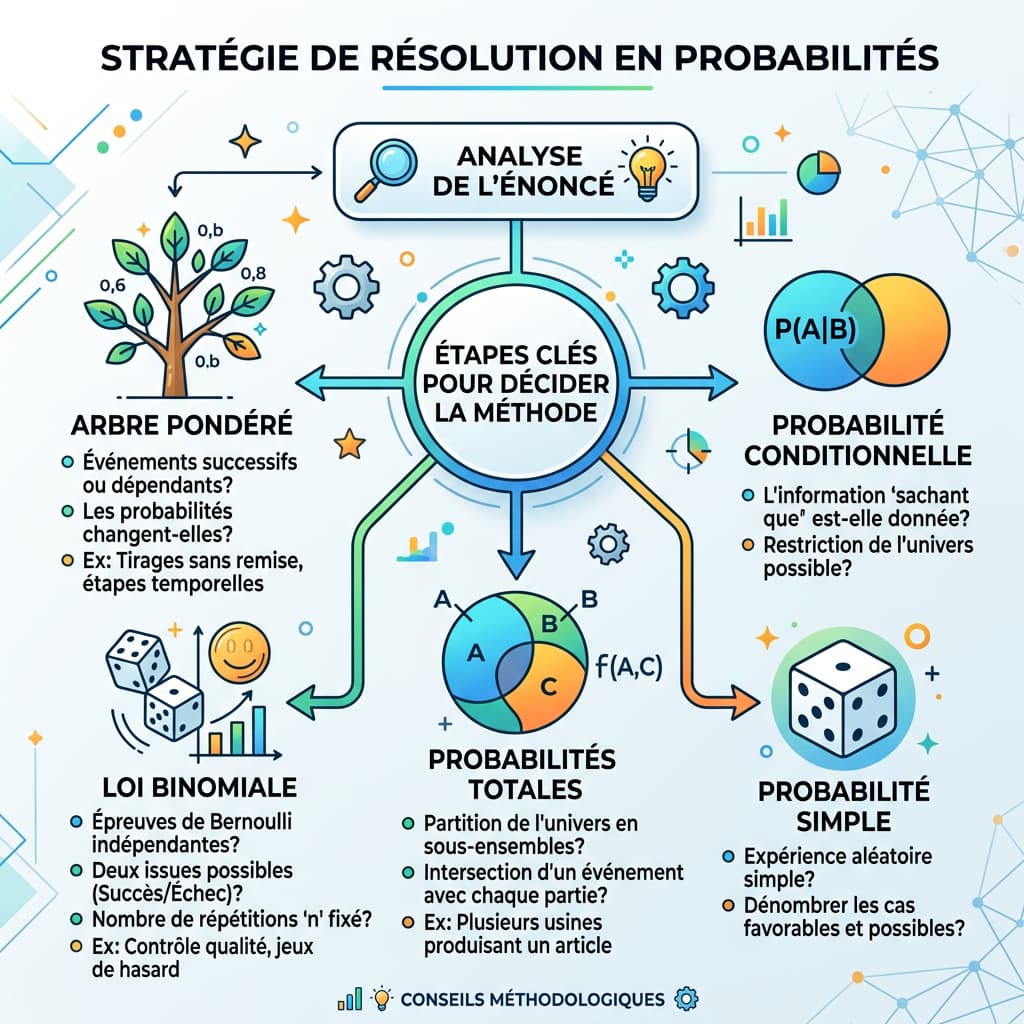 Organigramme illustré en français partant du point central 'Analyse de l'énoncé' vers trois branches 'Arbre pondéré', 'Loi binomiale' et 'Probabilités totales', chacune accompagnée d'une icône.