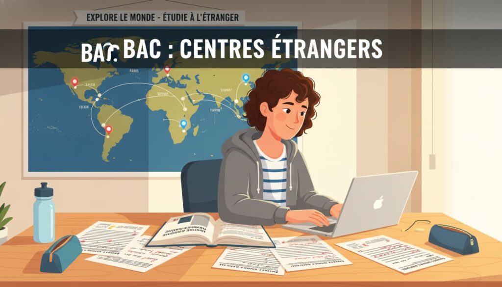 Un lycéen français assis à un bureau en bois étudie, entouré d'une carte du monde, de copies d'examen et d'un ordinateur portable, avec l'inscription 'BAC : CENTRES ÉTRANGERS' en superposition.