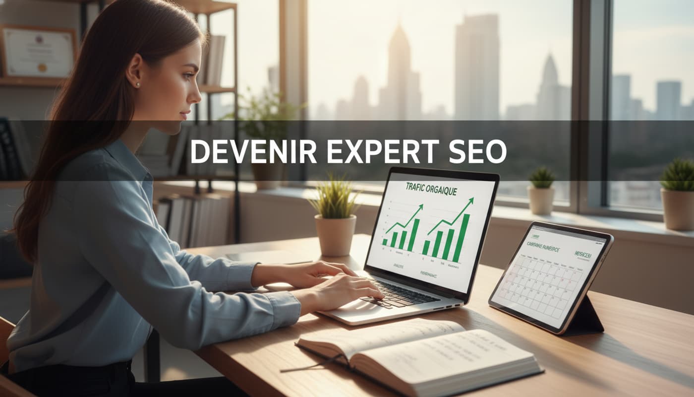 Un jeune étudiant travaille sur un ordinateur portable montrant des graphiques de trafic organique en hausse dans un bureau moderne et lumineux, avec le texte 'DEVENIR EXPERT SEO' en superposition sombre.