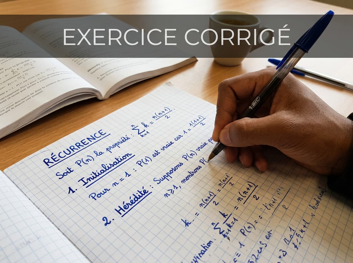 Une main d'étudiant rédige une démonstration mathématique par récurrence sur du papier quadrillé avec la mention exercice corrigé en surimpression.