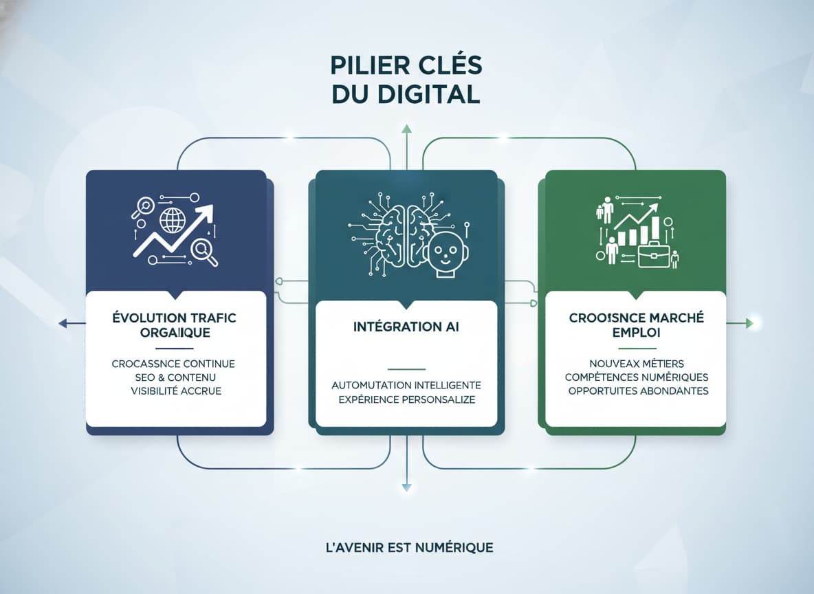 Infographie moderne montrant trois piliers principaux : l'évolution du trafic organique, l'intégration de l'IA et la croissance du marché de l'emploi, avec des icônes représentant la connectivité et les algorithmes de recherche.
