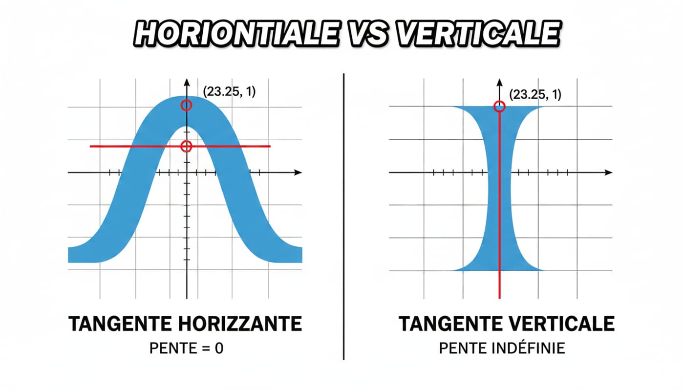 Infographie comparant un graphique avec tangente horizontale à gauche et une courbe avec tangente verticale à droite, avec le texte Horizontale VS Verticale.