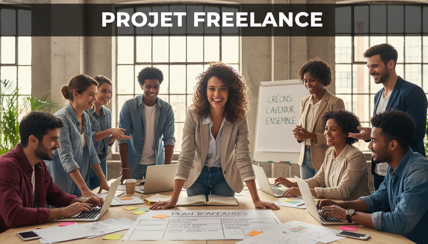 Un jeune entrepreneur examine un plan d'affaires entouré de ses pairs dans un espace de coworking, avec le texte 'PROJET FREELANCE' en superposition.
