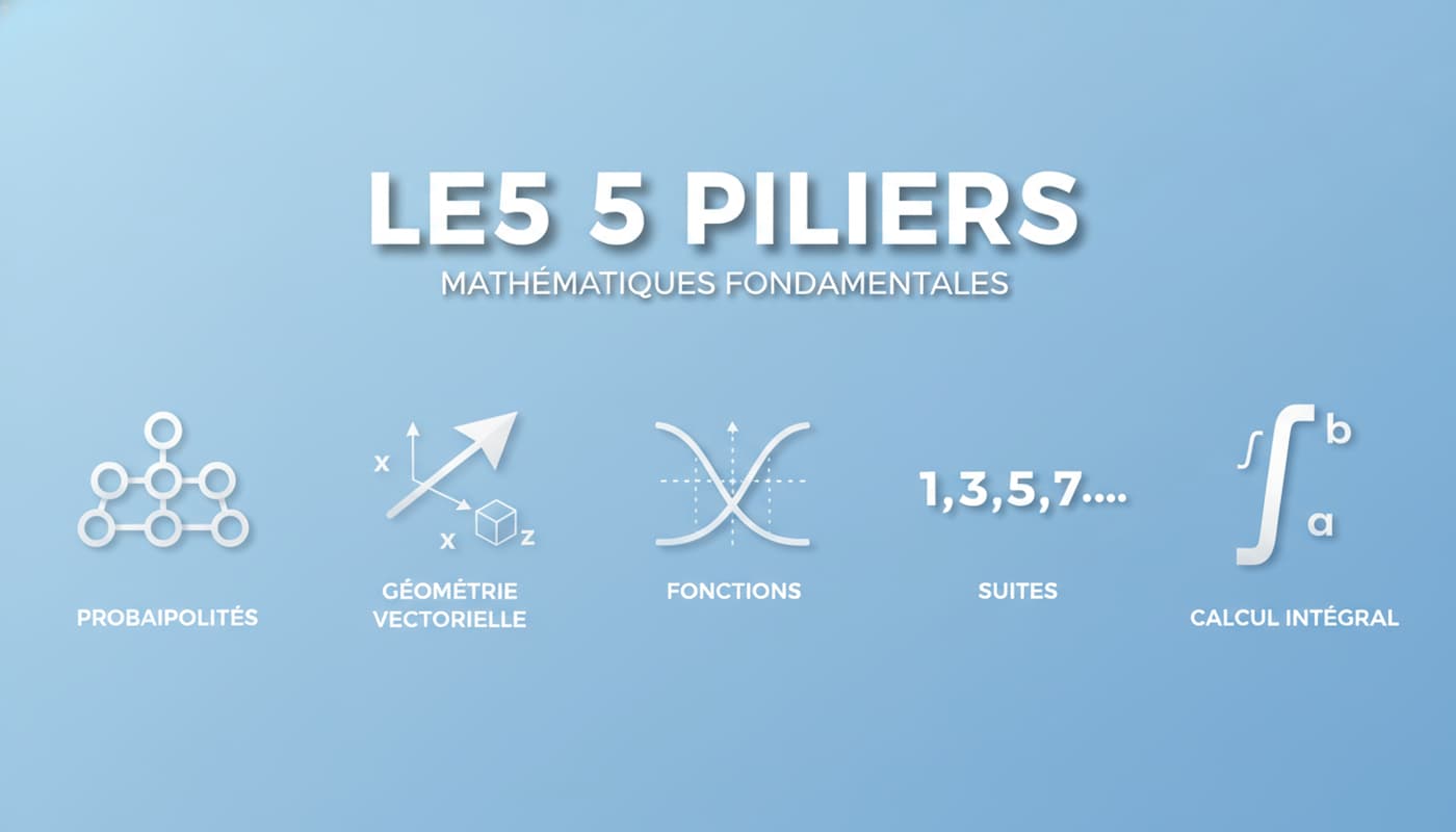 Icônes représentant un arbre de probabilité, un vecteur 3D, une courbe de fonction, une suite de nombres et un symbole intégrale sur fond bleu dégradé avec texte 'LES 5 PILIERS' en ombre portée.