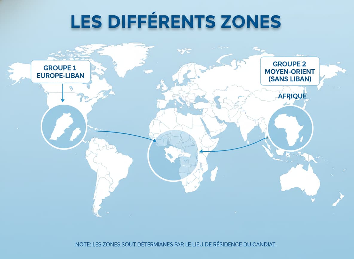 Infographie éducative montrant des icônes symboliques pour l'Europe, le Moyen-Orient et l'Afrique, avec les libellés 'Groupe 1' et 'Europe-Liban', sur fond bleu et blanc, avec le texte 'LES DIFFÉRENTES ZONES' en surimpression.