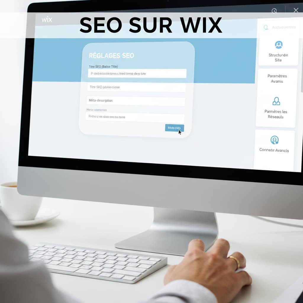 Une main utilise une souris pour naviguer dans l'interface du constructeur de site Wix, avec des panneaux de réglages SEO en français et un texte 'SEO SUR WIX' superposé.