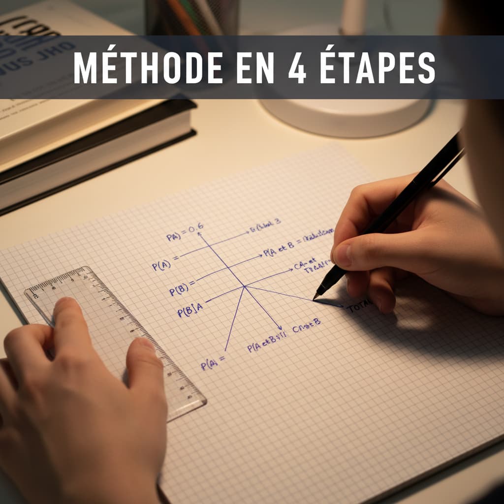 Mains d'un étudiant utilisant une règle et un feutre pour dessiner un arbre de probabilité sur un cahier à carreaux avec l'inscription MÉTHODE EN 4 ÉTAPES.