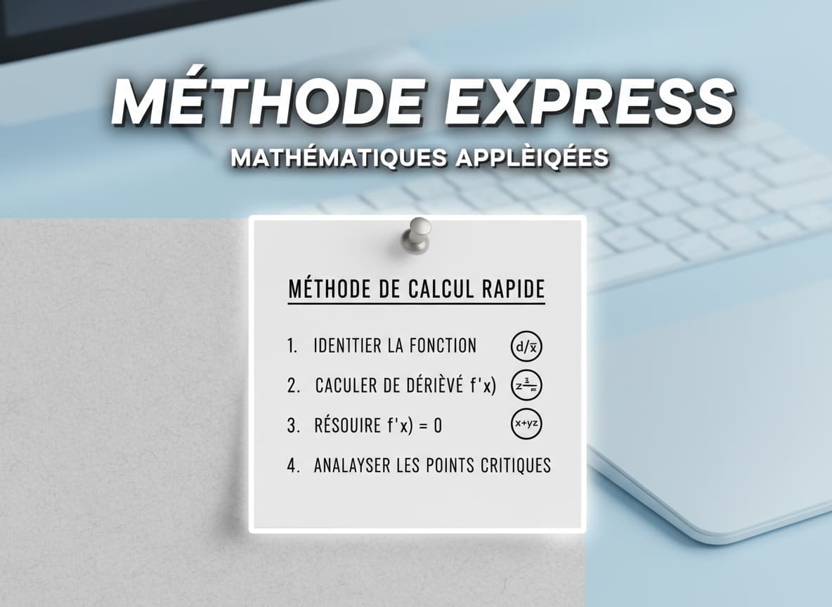 Une fiche mémo épinglée dans un bureau minimaliste présente une méthode de calcul par étapes avec des icônes de mathématiques et l'inscription MÉTHODE EXPRESS.