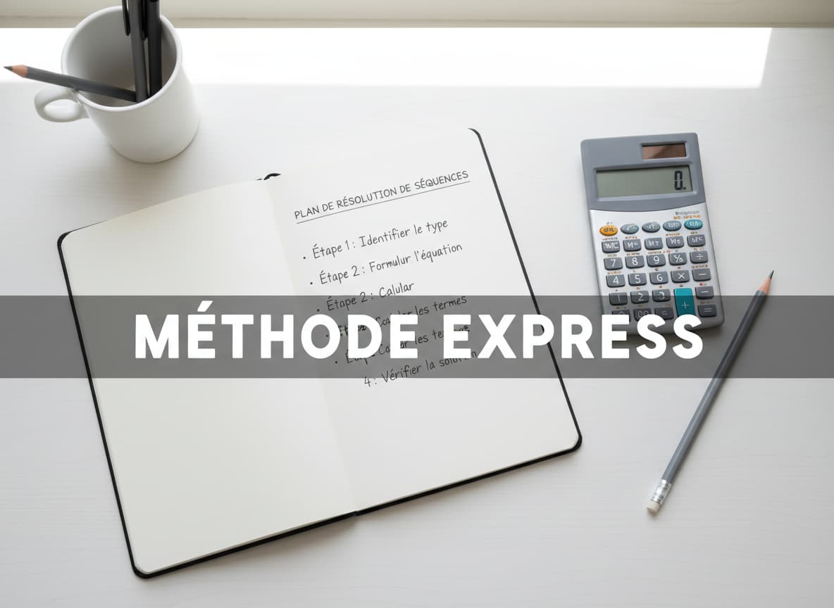 Espace de travail épuré vu de dessus avec un bloc-notes détaillant un plan pour les suites, une calculatrice scientifique et l'inscription Méthode Express.