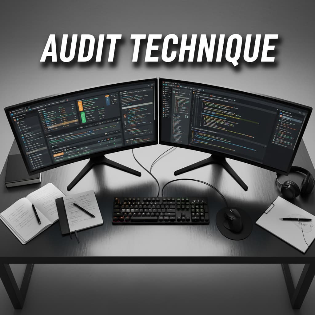 Vue en plongée d'un poste de travail avec deux écrans affichant des données SEO et du code, avec le texte AUDIT TECHNIQUE en surimpression.