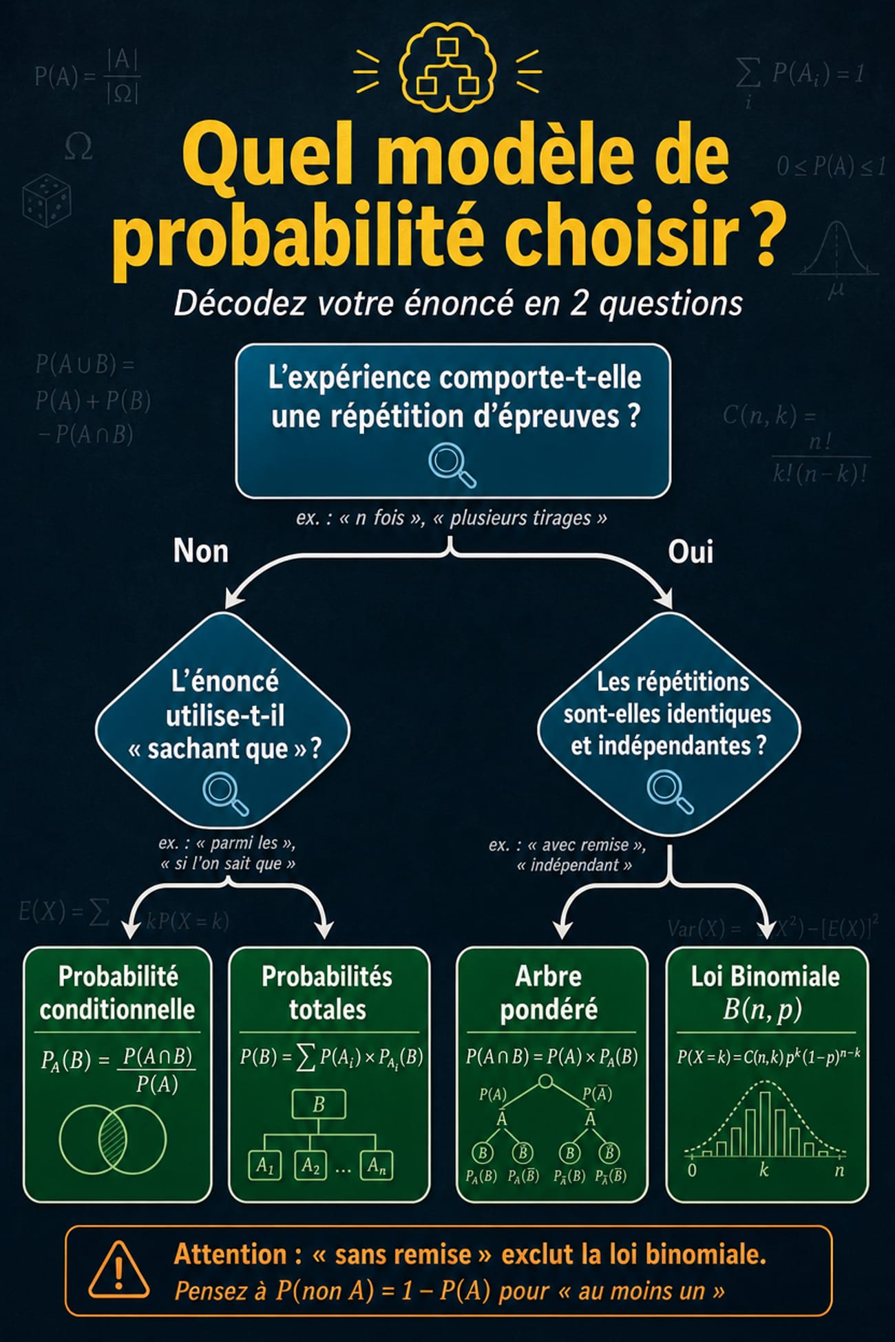 Infographie verticale sous forme de logigramme pour choisir un modèle de probabilité : loi binomiale, arbre pondéré, probabilité conditionnelle ou probabilités totales.