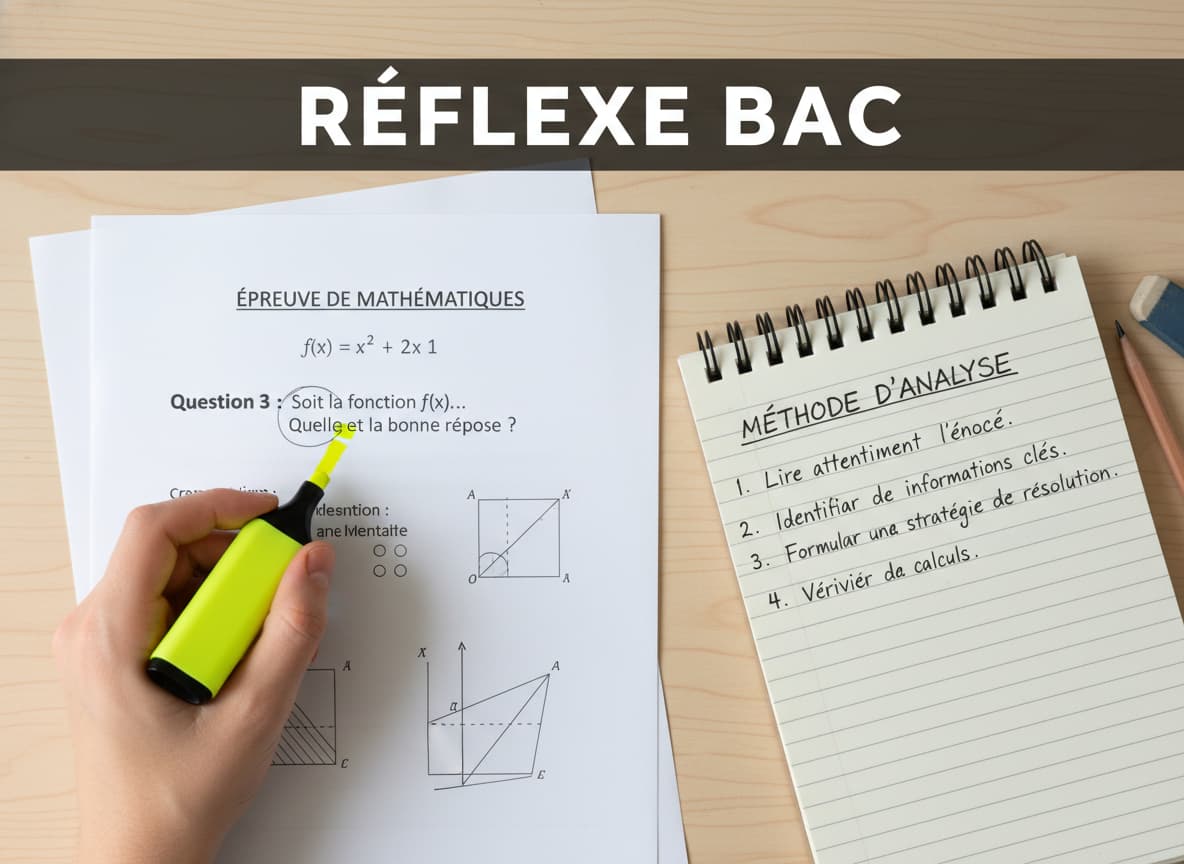 Vue en plongée rapprochée d'une main d'élève utilisant un surligneur jaune sur une copie d'examen de mathématiques, accompagnée d'une liste manuscrite de quatre étapes dans un cahier, avec la mention 'RÉFLEXE BAC' en surimpression.