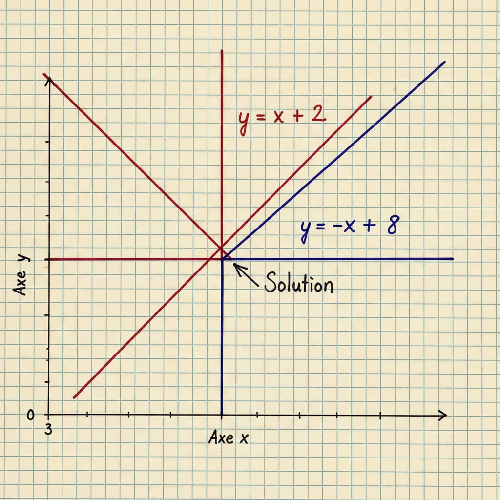 Deux droites colorées en rouge et bleu s'intersectent sur un papier quadrillé avec axes, une flèche indique le point d'intersection marqué Solution.