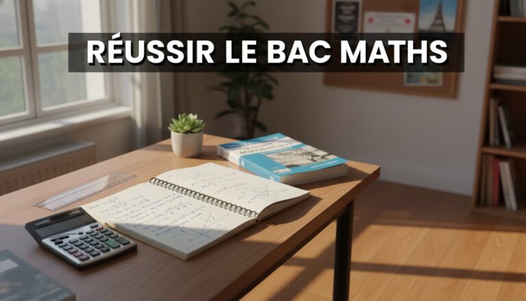 Un bureau avec une calculatrice graphique, une règle, un cahier ouvert contenant des preuves mathématiques et des croquis de fonctions, et un manuel intitulé 'Spécialité Mathématiques', le tout éclairé par une lumière naturelle douce, avec le texte 'RÉUSSIR LE BAC MATHS' incrusté.