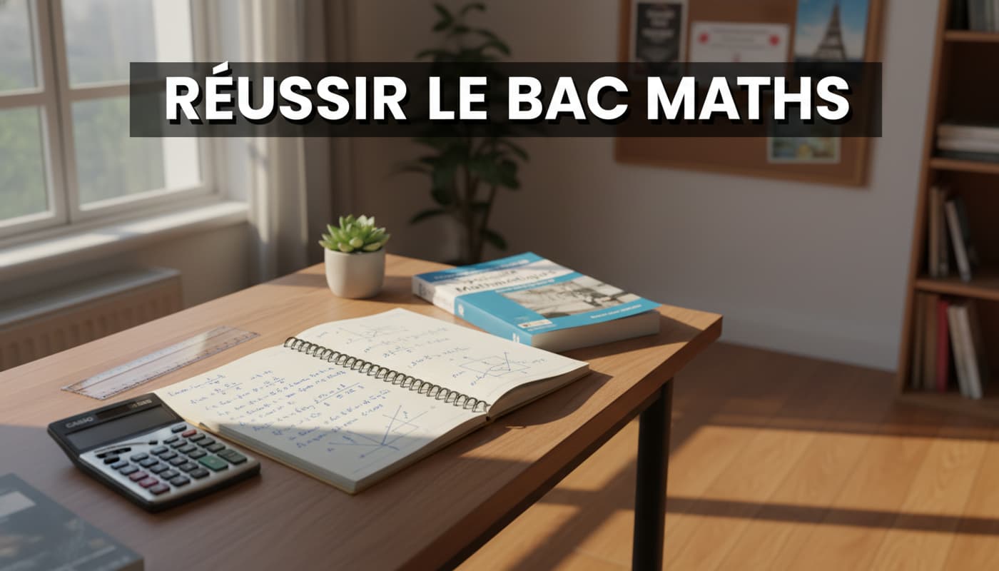Un bureau avec une calculatrice graphique, une règle, un cahier ouvert contenant des preuves mathématiques et des croquis de fonctions, et un manuel intitulé 'Spécialité Mathématiques', le tout éclairé par une lumière naturelle douce, avec le texte 'RÉUSSIR LE BAC MATHS' incrusté.