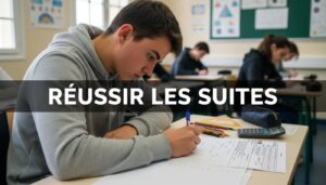 Élève concentré écrivant des formules de suites numériques sur une copie d'examen du bac en salle de classe avec texte superposé Réussir les suites.