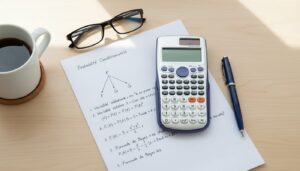 Espace de travail avec calculatrice scientifique, arbres de probabilités manuscrits en français, stylo-plume et tasse de café sur un bureau en bois clair.
