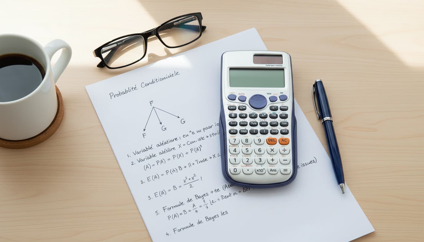 Espace de travail avec calculatrice scientifique, arbres de probabilités manuscrits en français, stylo-plume et tasse de café sur un bureau en bois clair.