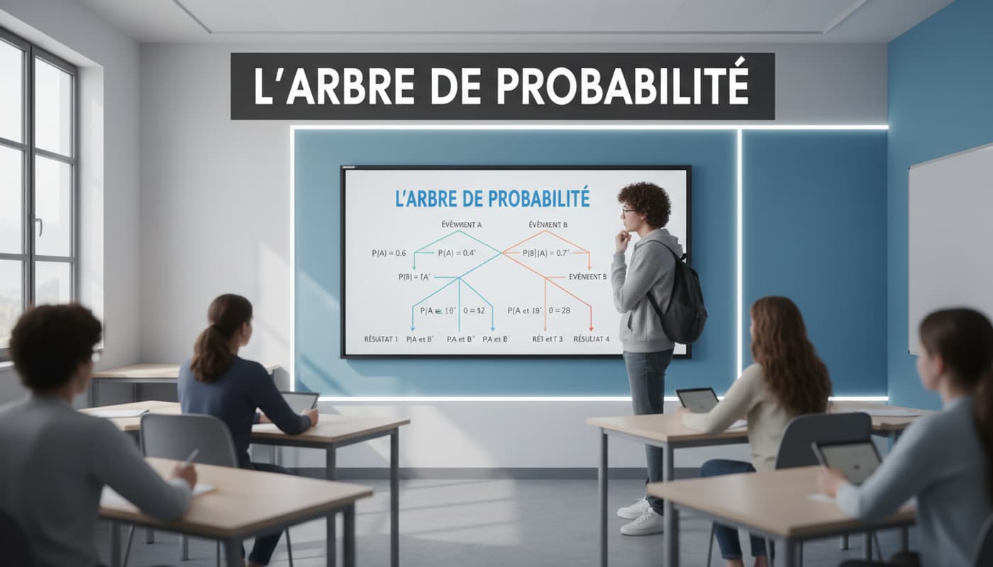 Un adolescent observe un diagramme d'arbre de probabilités coloré affiché sur un grand tableau numérique interactif dans une salle de classe lumineuse.