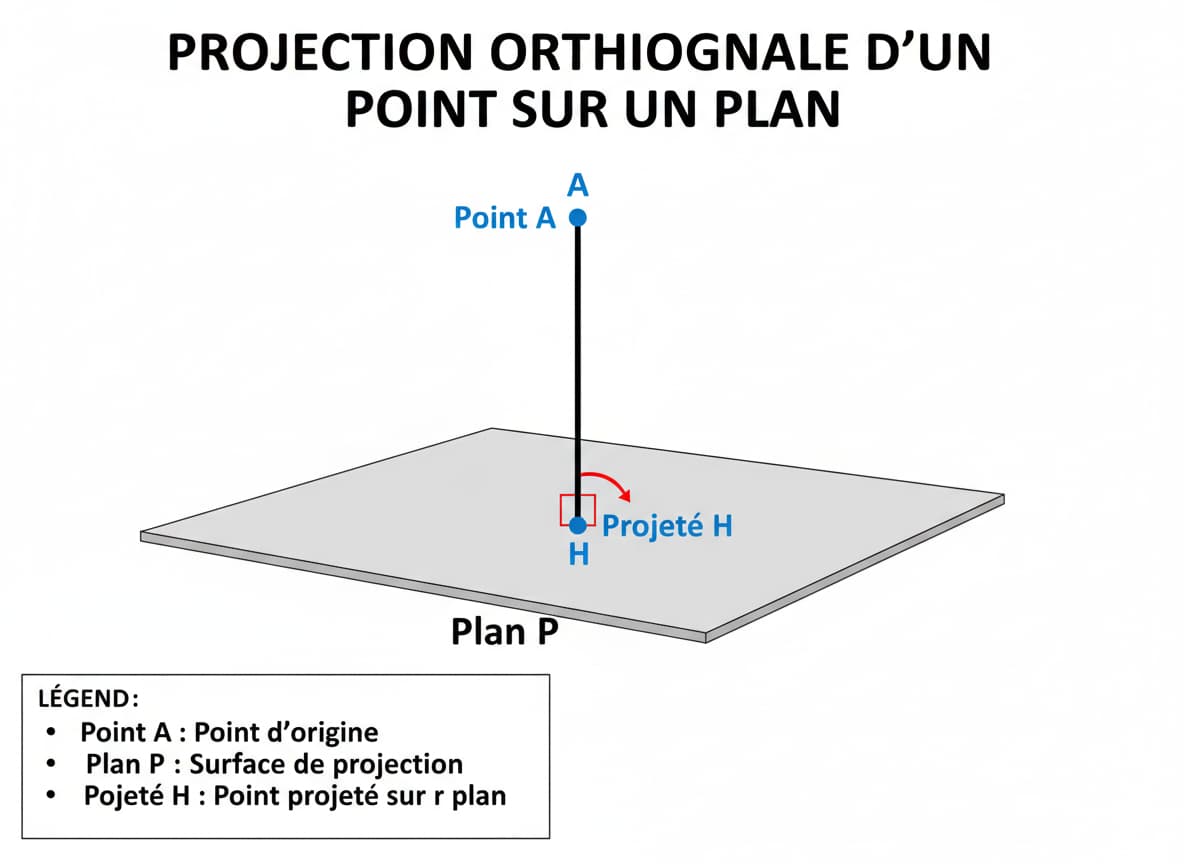 Schéma géométrique présentant un point A projeté verticalement sur un plan P au point H avec un symbole d'angle droit pour illustrer la perpendicularité.