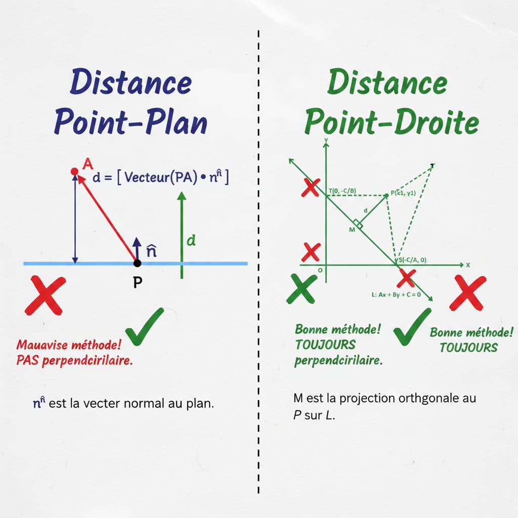 Comparaison pédagogique de la distance d'un point à un plan et une droite avec coches et icônes d'alerte sur méthode perpendiculaire.