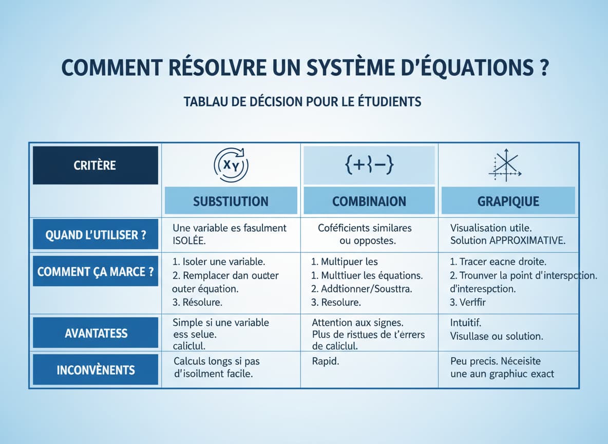 Tableau pédagogique comparant les méthodes de substitution, combinaison et graphique avec icônes et textes explicatifs sur fond bleu et blanc.