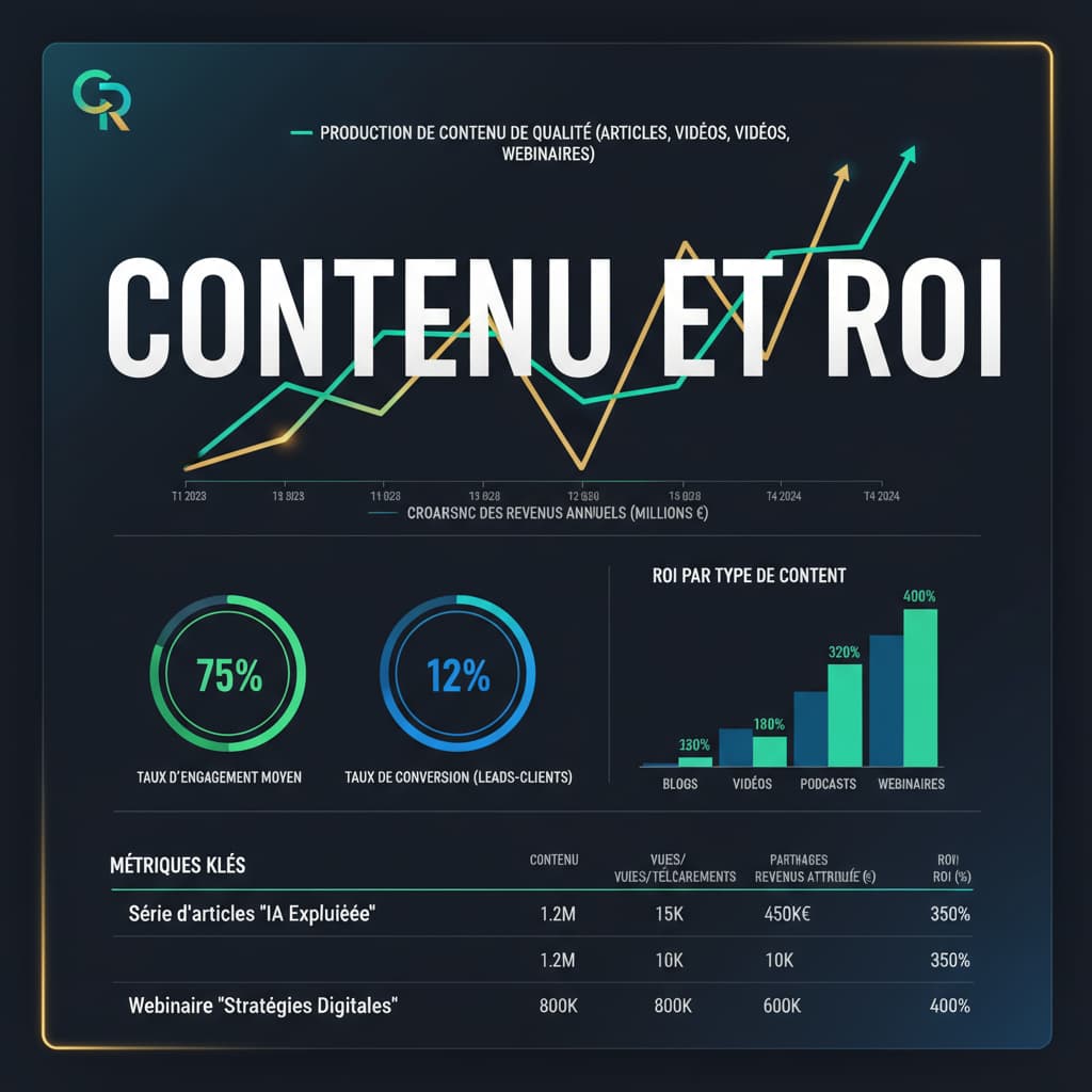 Un tableau de bord épuré affichant des métriques de performance et des pourcentages de ROI, avec des labels en français et le texte 'CONTENU ET ROI' en superposition.