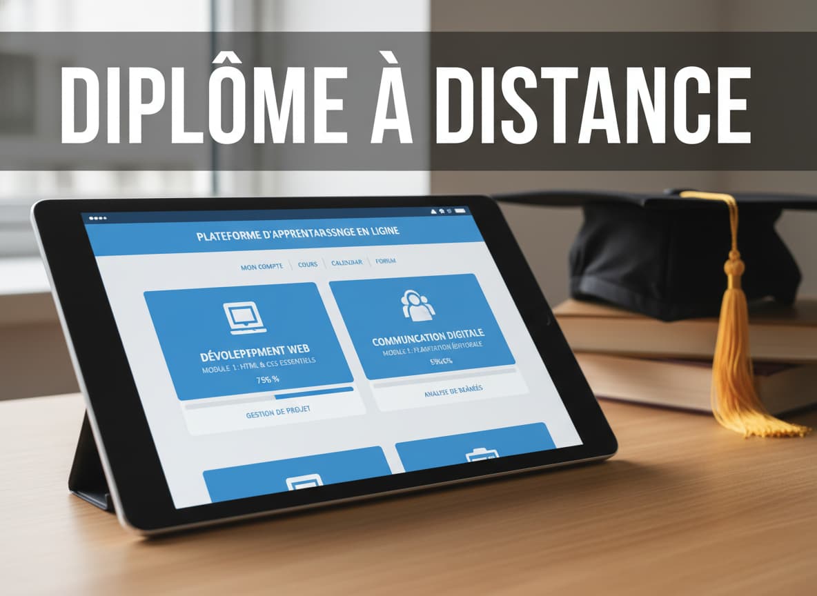 Un étudiant tient une tablette affichant une plateforme d'apprentissage en ligne avec des modules de HTML et planification éditoriale, un mortier de diplôme flou en arrière-plan, et le texte 'DIPLÔME À DISTANCE' superposé.