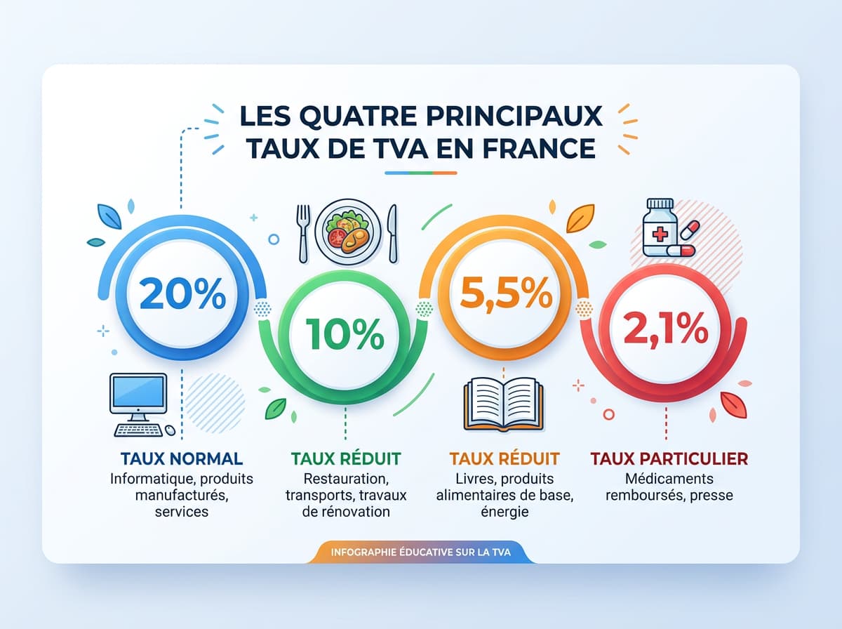 Infographie éducative présentant quatre taux de TVA français avec des cercles colorés et des icônes associées.