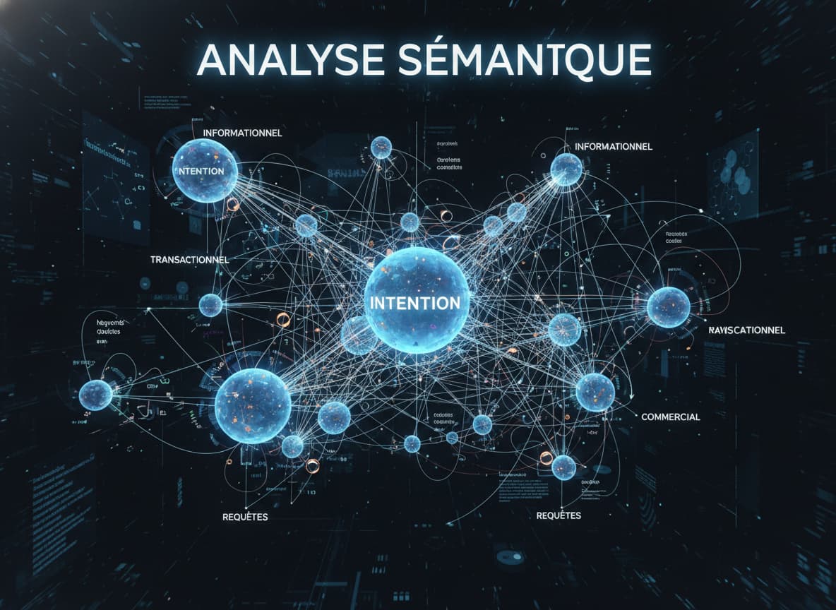 Visualisation tridimensionnelle d'un nuage sémantique avec des nœuds connectés, étiqueté 'Intention' et 'Requêtes', surmonté du texte 'ANALYSE SÉMANTIQUE'.
