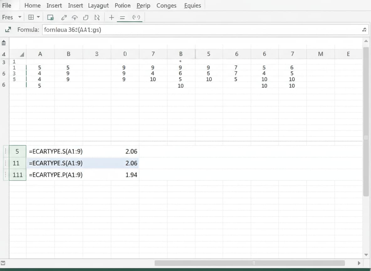 Capture d'écran d'une feuille de calcul Microsoft Excel avec des données dans la colonne A, les cellules A11 et A12 affichent les formules ECARTYPE.S et ECARTYPE.P donnant respectivement 2,06 et 1,94.