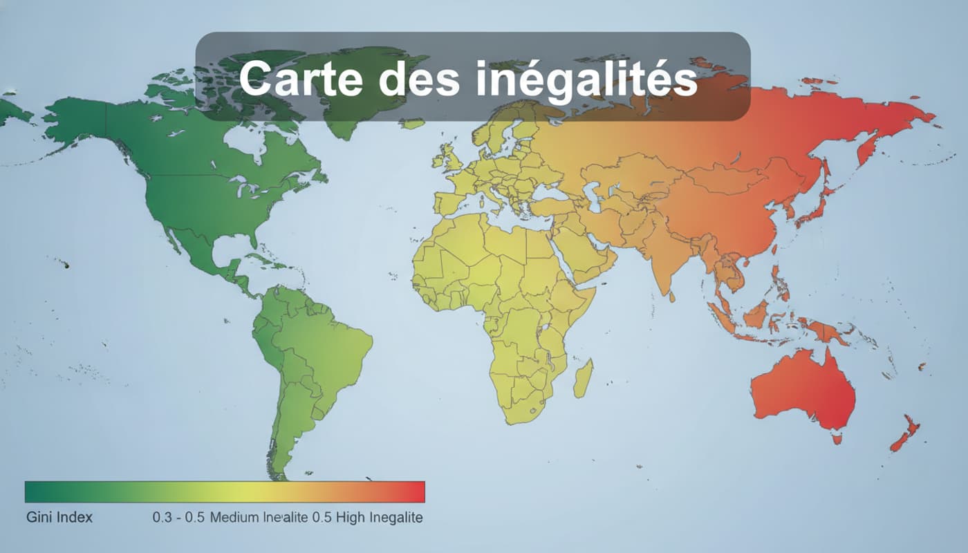 Carte du monde avec un dégradé de couleurs du vert au rouge représentant l'indice de Gini des inégalités, avec une légende et le texte 'Carte des inégalités' en superposition.
