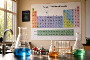 Salle de classe de chimie propre avec un tableau périodique coloré au mur, des béchers en verre et des modèles moléculaires sur une paillasse, éclairage naturel doux depuis une fenêtre.