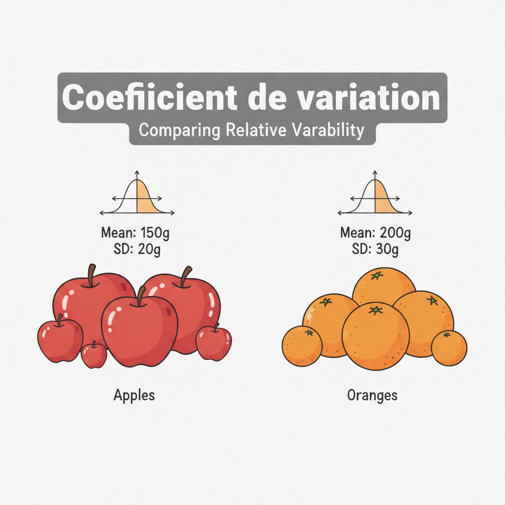 Deux groupes de fruits, des pommes rouges à gauche et des oranges à droite, chacun surmonté d'un petit graphique de dispersion, avec le texte 'Coefficient de variation' en superposition.