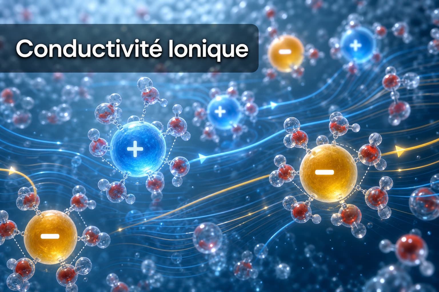 Visualisation moléculaire abstraite d'ions chargés positivement et négativement se déplaçant dans une solution aqueuse avec des particules lumineuses bleues et jaunes, texte superposé 'Conductivité Ionique'.