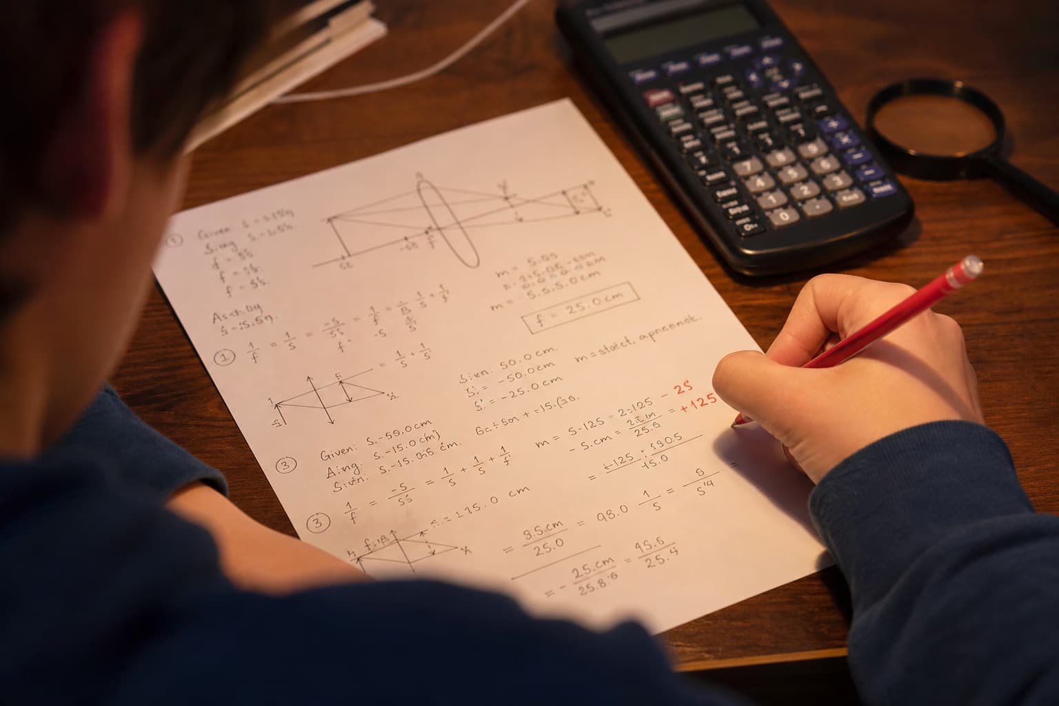 Vue en plongée par-dessus l'épaule d'un élève corrigeant un signe algébrique avec un stylo rouge sur une feuille de calculs optiques, une calculatrice et une loupe floues en arrière-plan.