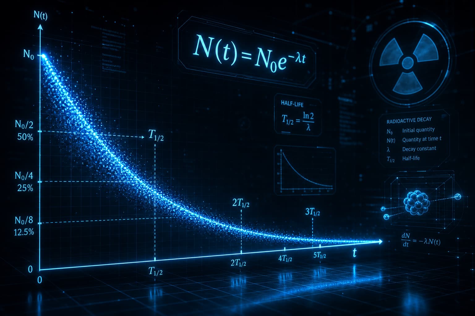 Une courbe de décroissance exponentielle composée de points lumineux bleus néon dont la densité et la luminosité diminuent le long d